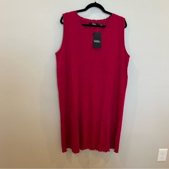 Women’s Ulla Popken Lettuce Edge V-Neck Knit Tank Tunic Dress, Raspberry, 16/18 - Picture 3 of 7